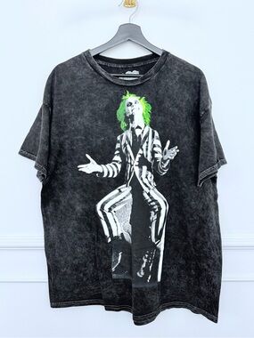 Black Graphic Beetlejuice unisex Tee with Neon Green writing
